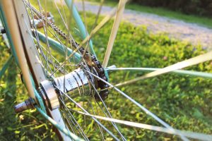Fahrradspeichen mit grüner Wiese im Hintergrund